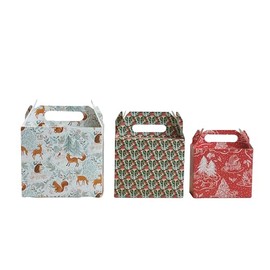 Creative Co-Op Printed Paper Gift Boxes with Woodland Flora and Fauna Pattern and Handles, Multicolor, Set of 3