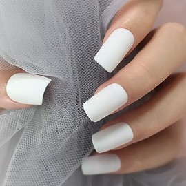 White Pure Color Matte Press on False Nails Medium Long Square Solid White Fake Nails Art Tips for Girls Women Daily Office Finger Wear Press On False Nails