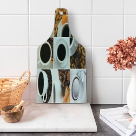 Ambesonne Coffee Cutting Board, Coffee Mugs Collage with Almonds Cashews Beans Cinnamon Modern Composition, Decorative Tempered Glass Cutting and Serving Board, Wine Bottle Shape, White Black Brown