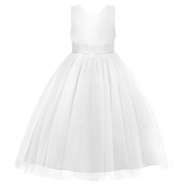 Uhnice Flower Girl Dress Satin V-Back Ball Gown for Wedding Party with Bowknot (White, 100cm /3-4T)