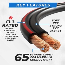Cables Direct Online Speaker Cable 100FT 12AWG 2 Conductors (12/2) CL3 Rated CCA (Copper Clad Aluminum) Black Jacket Compatible with Low Voltage LED Wire, Car Audio, Home Theater