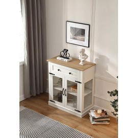 FOREST GRAVITY Modern Sideboard Buffet Cabinet,31.5'' Small Buffet Cabinet with Storage and a Drawer and Adjustable Shelf,Glass Door Buffet Sideboard for Kitchen and Dinning Room,Antique White