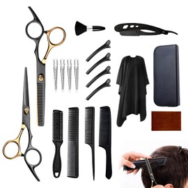 19 Piece Professional Hairdressing Scissors Kit Black Gold Stainless Steel Thinning Hair Cutting Tools Set with PVC Storage Bag for Home Salon Barber Use