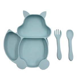 Vajilla para Bebé de Plato y Cubiertos con Ventosa y 3 Divisiones (Azul)