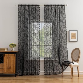 Jayla Sheer Lace Curtains for Bedroom Voile Floral Embroidery Light Filtering with Scalloped Edges Knitted Lace Curtains for Living Room Kitchen Rod Pocket 2 Panels 52 W x 84 L Inch,Black