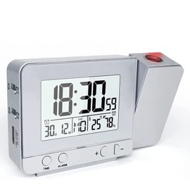 VORRINC Projection Alarm Clock Digital Clock with USB Port, Indoor Temperature Display and Date Display, 4 Brightnesses, Dual Alarm, Calendar, for Home Office, Children's Room (Silver)