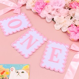 Vovii Bow Highchair Banner for 1st Girls Birthday Decoration, Pink and White One Birthday Banner for Party Decor Photo Props(Pre-Strung)