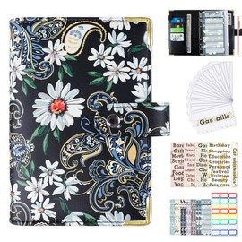 A6 Budget Binder with Zippered Envelopes,Budget Book with Cash Envelopes,Premium PU Leather Money Clip for BudgEting and Saving Money (Black Daisy, A6)
