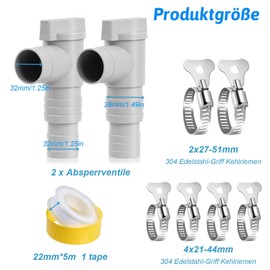 Homethrive Set of 2 Shut-off Valve for Pools 32 mm Set with 6 Hose Clamps, Pool Stopcock Hose Connection (Compatible 32 mm/38 mm), Pool Maintenance Accessories for Pool Pump Maintenance and Above