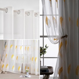 MIULEE Curtains with Yellow and White Leaves Pattern, Embroidery Curtain Transparent, Eyelet Curtains for Living Room, Eyelet Curtain Transparent, Set of 2 Modern Bedroom Curtains, Each H 245 x W 140