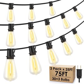 Larkvue 75FT(3x25FT) Outdoor String Lights, Patio Lights with 30+3 LED Dimmable Waterproof Connectable ST38 Bulbs for Outside Porch Balcony, Black