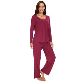 WiWi Women's Pajama Set Soft Long Sleeve Tee Pants Sleepwear 2 Piece Comfy Nightwear with Pockets Pjs S-XXL, B-wine, X-Large