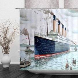 Nautical Decor Shower Curtain Retro Classic Titanic Ship Ocean Scenery Watercolor Art Bathroom Curtain Set Polyester Fabric Hook 80 X 70 Inch
