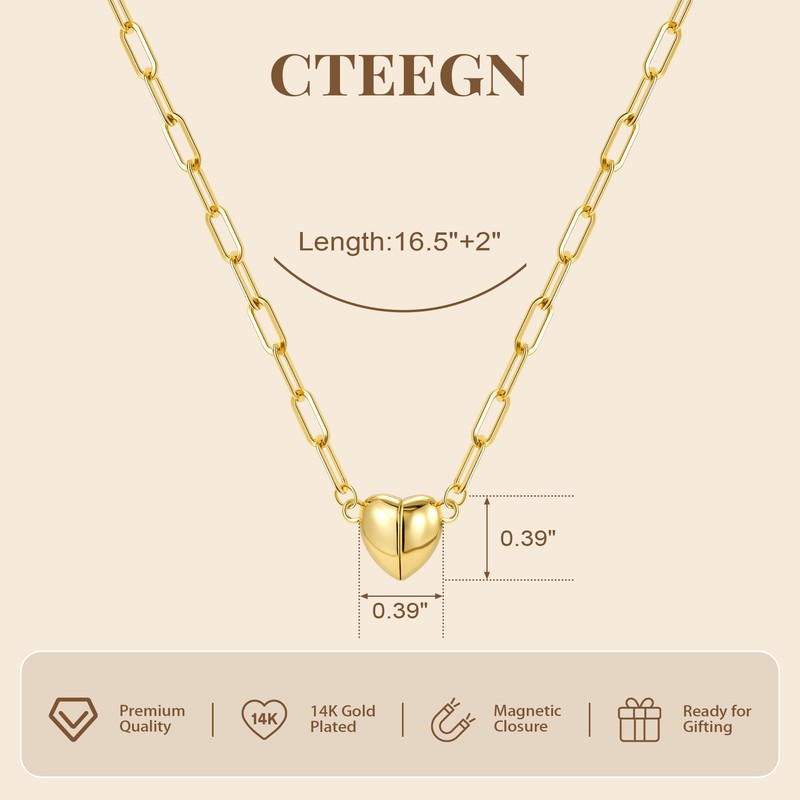 CTEEGN 14K Gold Heart Necklaces for Women, Dainty Paperclip Magnetic