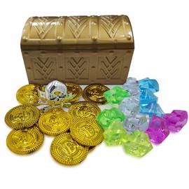 HOPELJ Kids Pirate Treasure Chest Toy Box Gold Finish Vintage Pirate Jewelry Box Kids Storage Treasure Chest with (12 Plastic Gold Coins+12Gems+1Rings)
