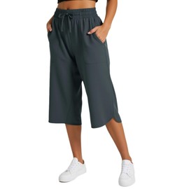 Drawstring Capri Pants for Women Casual Wide Leg Yoga High Waist Capri Pants Pockets Loose Soft Sweatpants