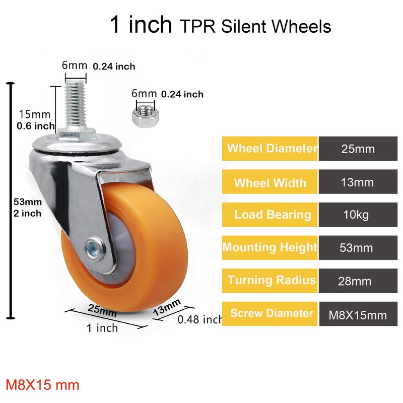 MyyYiTar 1 inch M8 Stem Casters M8x15 Bolt Threaded Wheel,TPR