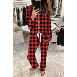 Aamikast Pajama Sets for Women Soft Button Up Christmas Pjs Matching Sets (Plaid Red XL)
