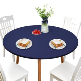 NEWISHER Round Fitted Table Cover Spandex Stretch Tablecloth Navy Blue Table Top Cover with Elastic Edged for Dining Picnic Patio 48 inch