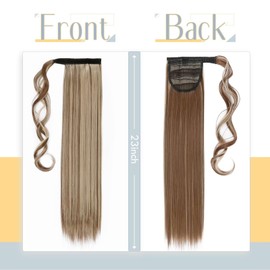 Silk-co Wrap Around Pony Tail Hairpiece Clip in Hair Extensions 23" Long Straight Pony Tail Highlights -Light Brown&Blond
