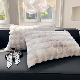 ZIQINPSQ Flannel Pillow Cases King Size Set of 2, Ultra Soft Faux Rabbit Fur with Plaid Pattern, 20x36 Inches, Warm and Cozy Boho Style Pillow Covers with Zipper Closure,Silver