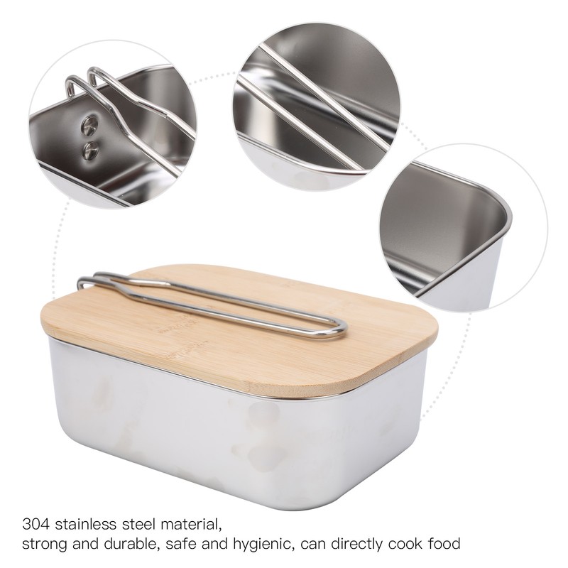 Stainless Steel Lunch Storage Box with Bamboo Lid Portable Camping
