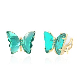 QUKE Butterfly Shape Green Crystal Clip On Earrings Gold Non Pierced Ears for Women Girls