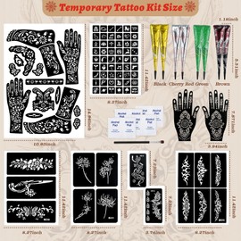 Temporary Tattoo Kit | 8 Piece Set with 4 Vibrant Colors (Brown,Black,Cherry red,Green) | DIY Safe Ink | Includes Stencils, Ink, Brush & Gloves | Body Art for All Ages