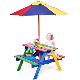 Costzon Kids Picnic Table, Wooden Table & Bench Set with Removable & Foldable Umbrella, Toddler Patio Set for Backyard, Garden, Children Girls & Boys Gift for Outdoors