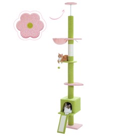 PEQULTI Cat Tree Floor to Ceiling, Green Cat Tower, Adjustable Height (83''-108'') 5 Tiers Tall Cat Climbing Tree for Indoor Cats with Cat Condo, Cat Scratching Post and Cat Ladder, Light Green