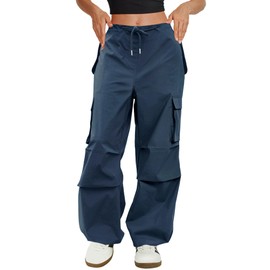 COPYLEAF Cargo Pants Women Low Waisted Parachute Pants with Pockets Loose Baggy Hiking Pants Y2K Clothes Navy Blue