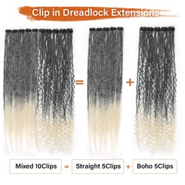 Sangtok 10 PCS Mixed Clip in Dreadlock Extensions, 24 inch Synthetic Dreads Extensions, Thin Straight Dreadlock for White Women, 1b-613