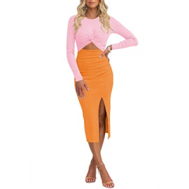 Duigluw Cutout Bodycon Midi Dress Women Colorblock Long Sleeve Twist Front Side Slit Knit Long Dresses Orange M