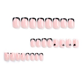 French Tip Press on Nails Medium Square Fake Nails with Gold Glitter Line Heart Design Glossy Coffin Nails Full Cover Black White Nail Tips Glue on Nails Artificial Acrylic False Nails Valentine's Day