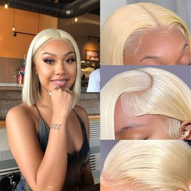 Brazilian Straight Bob Wig Human Hair 13X4 Lace Front Wigs Pre Plucked Bleached Knots Straight HD Lace Front Wig (613 bob wig, 16Inch/N)