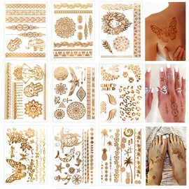 9 Sheets of Festival Tattoos Gold, Metallic Flash Tattoos Women, Waterproof Temporary Tattoo Gold for Sticking, Face Tattoo for Festival and Party Supplies