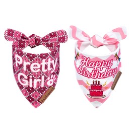 Raisingwell Birthday Dog Bandanas 2 Pack, 4 Pattern Reversible Pink Dog Bandana for Boy and Girl Dog Triangle Scarf for Small to Medium Breed Dogs Dog Birthday Gift (Small)