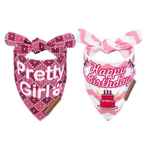 Raisingwell Birthday Dog Bandanas 2 Pack, 4 Pattern Reversible Pink