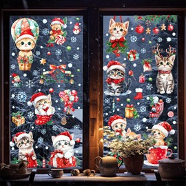 FOSDICK 9 Sheets Christmas Cats Window Clings, Christmas Window Stickers, Christmas Cats Window Sticker, Double Sided Static Xmas Window Decals, Glass Stickers for Windows Christmas Decoration