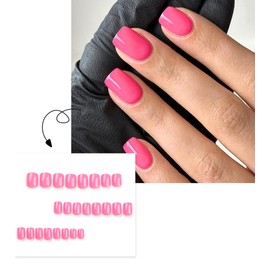 Morily Press on Nails Short Square - Hot Pink Fake Nails with Designs, 24 Pcs Reusable False Nails Press Ons Glossy Acrylic Full Cover Stick on Nails for Women