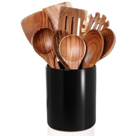 Nucookery Wooden Cooking Utensils Set with Holder, Teak Wood Utensils, Ceramic Holder for Countertop with Protection Cork Bottom, Nonstick Spoons, Cooking Spatula Set, 10 Pcs Kitchen Decor, (Black)