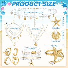 22 Pcs Beach Jewelry Set for Women Gold Starfish Seashell Earrings Rings Anklet Boho Layer Charm Necklace Mermaid Pearl Waist Chain Gold Arm Cuff for Summer Beach Vacation Bikini Jewelry Accessories