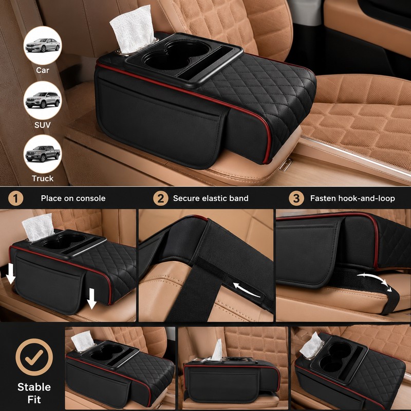Car Center Console Armrest Cushion with Storage – PU Leather