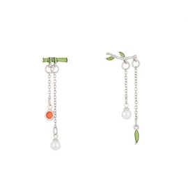 Asymmetrical Bamboo Earrings for Women Dainty Bamboo Leaf Pearl Dangle Earrings Leaf Garden Style Plant Earrings Dainty Long Tassel Earrings Aesthetic Jewelry Gifts for Women (Silver)