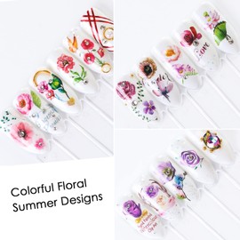 Flowers Nail Art Decals, 24 Sheets Flower Nail Water Transfer Decal Designs, Rose Daisy Lavender Leaf Nail Art Stickers Supplies for Women Girls Manicure Charms Decorations, DIY Nail Sticker