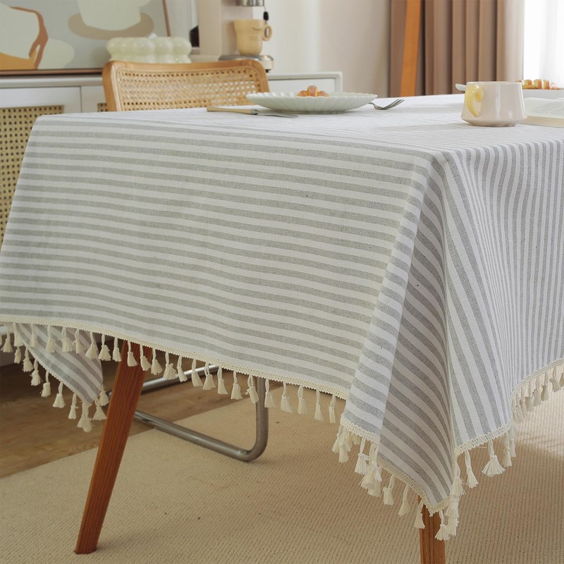 meioro Striped Tablecloth, Rectangular Tablecloth with Tassels, Washable Tablecloths, Decorative
