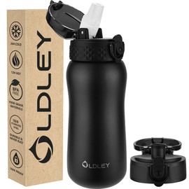 Oldley - Botella de agua aislada de 12 onzas con pajita, botella de agua de acero inoxidable con 2 tapas, botellas de aspiradora de doble pared para adultos y niños, botellas deportivas a prueba de