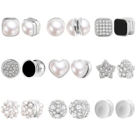 NEWITIN 9 Pairs Magnetic Stud Earrings for Women Clip on Earrings Inlaid Cubic Zirconia Pearl Stud Earrings Fashion Magnetic Earrings Non Piercing Earrings for Women Men