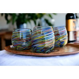 Handblown Confetti Stemless Wine Glass with Colorful Swirl Design (Set of 6) - Made in Mexico