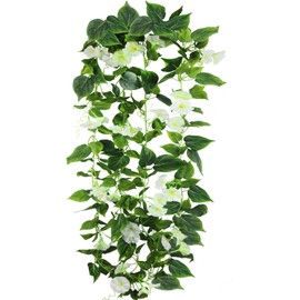 CISDUEO 2 Pcs Artificial Vines Silk Morning Glory Vines for Outdoor 15Feet Hanging Plants Garland White Fake Green Plant Morning Glories for Home Decor Wall Fence Stairway Wedding Hanging Baskets